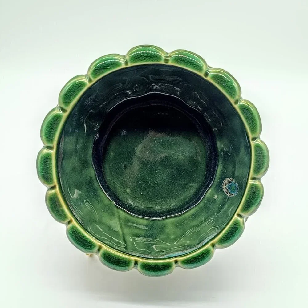 Asian Green Majolica Ceramic Round Planter